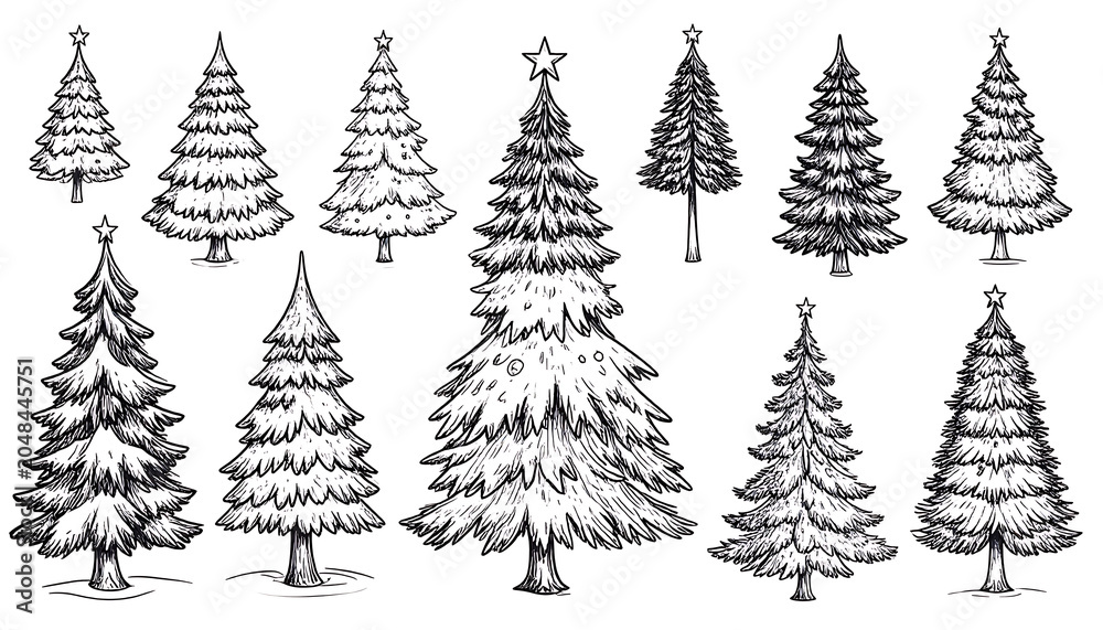 Obraz premium Collection of hand drawn christmas trees with decorative elements, line art illustration, festive holiday symbols