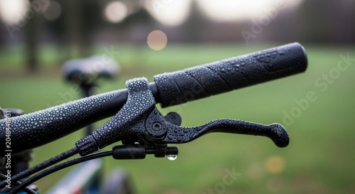 Macro detail of a wet bicycle brake lever and handlebar with water droplets, highlighting cycling equipment in nature.
