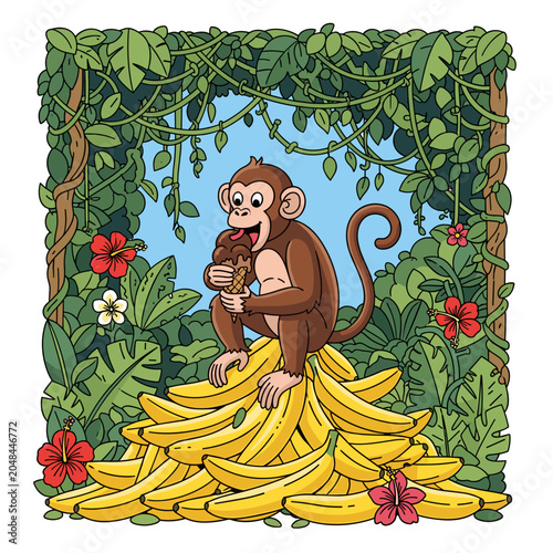 Cute Cartoon Monkey Eating Chocolate Ice Cream on a Large Pile of Bananas in Tropical Jungle Scene