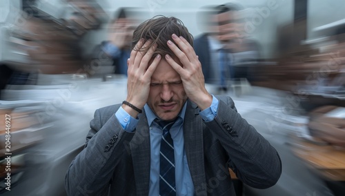 Man in suit holding head in hands with blurred figures around him