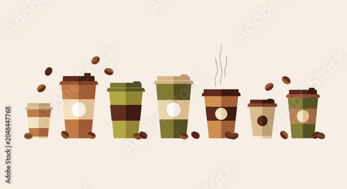 Bild auf Leinwand Various Coffee Cups with Beans and Steam Illustration
