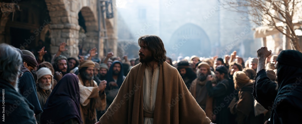 Obraz premium In a historic marketplace, a solitary man confronts a hostile crowd, illustrating biblical tension and conflict.