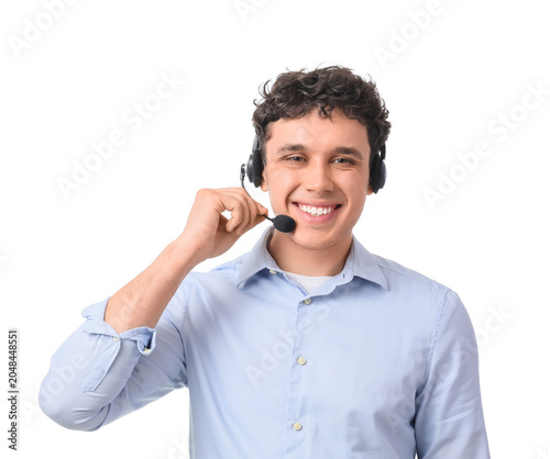 Young male online business consultant with headset on white background