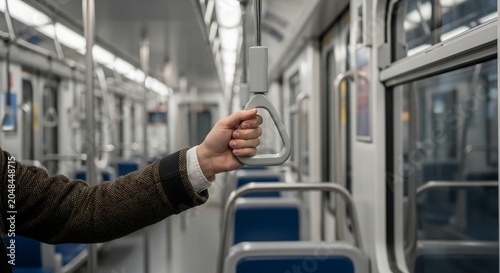 Hand holding a grab handle inside a modern public train, capturing the essence of daily urban travel and commute.