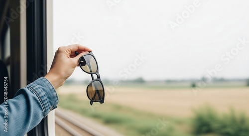 Hand holding sunglasses against a blurred outdoor landscape with railway tracks