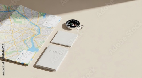Minimalist flatlay of travel essentials including passport, map, compass, and documents for planning a journey