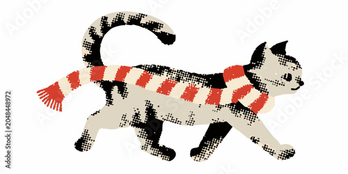 Schilderij op canvas Halftone Cat With Candy Cane Scarf Vector Illustration