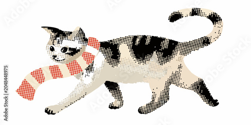 Foto Halftone Cat With Candy Cane Scarf Isolated On White Background