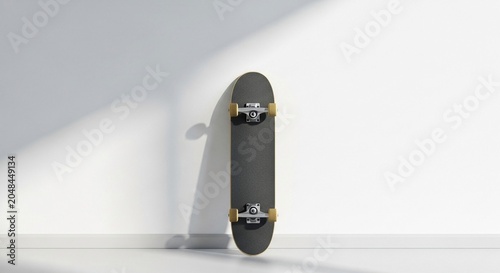 Modern skateboard leaning against a minimalist white wall with dramatic shadow, isolated for design.