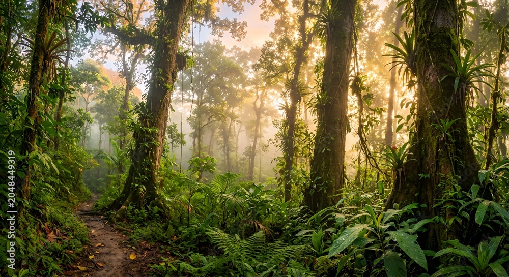 Obraz premium Tropical Rainforest Sunrise with Mist and Golden Light