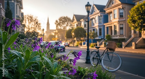 Charming San Francisco street scene with colorful Victorian houses at golden hour.