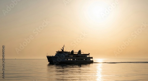 Silhouette of a large ferryboat sailing across calm ocean waters during a golden sunset or sunrise, creating a serene and tranquil maritime scene.