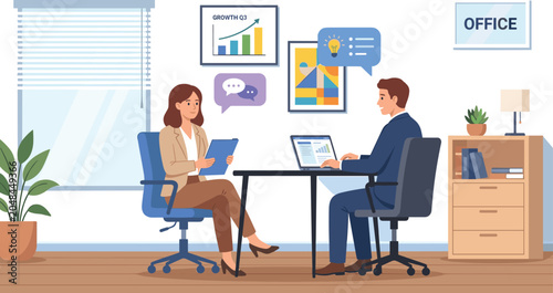 Professional Job Interview Meeting in Modern Office Business Recruitment Consultation Human Resources Hiring and Career Discussion Vector Illustration