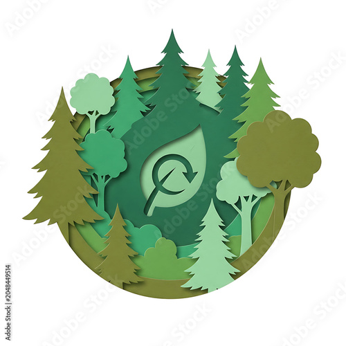 Illustrated forest ecosystem with a circular leaf symbol representing sustainability and nature conservation.