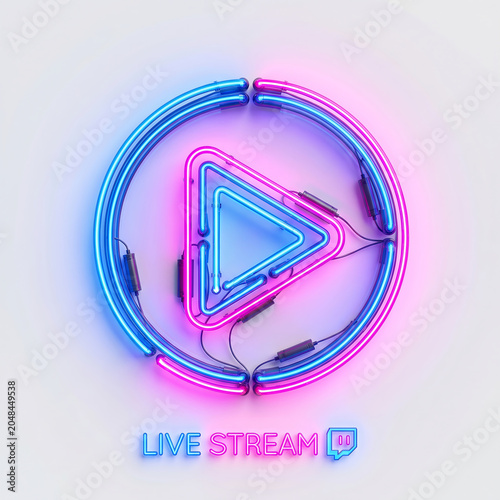 A glowing neon play button wrapped in cables represents live streaming and digital broadcasting technology.