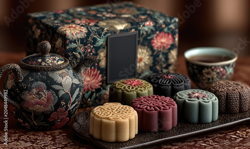 Traditional mid-autumn festival mooncakes with elegant teapot and gift box