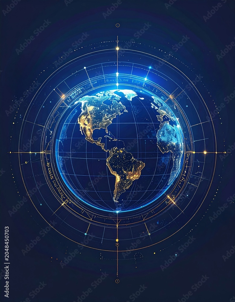 Naklejka premium Futuristic digital Earth globe illustration with glowing city lights, surrounded by abstract golden rings and gridlines, representing global network connectivity, tech, and data.