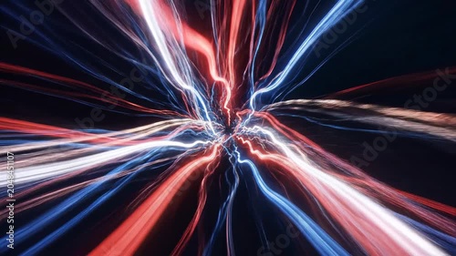 Abstract light trails swirling in dynamic motion with vibrant colors and high contrast energy