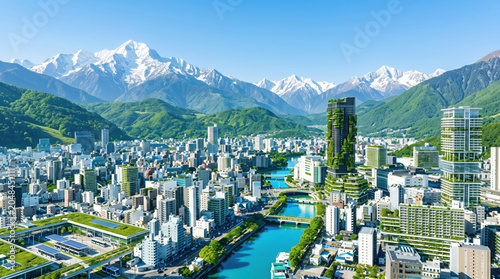 Aerial view of a green city with modern skyscrapers, a blue river, and generated using ai