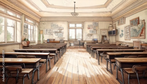 Vintage Classroom Interior - Rows of Wooden Desks and Educational Charts.