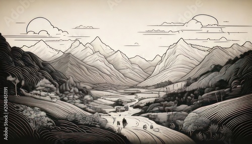 Serene Mountain Valley Landscape with River and Rolling Hills.