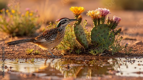 Roadrunner standing by cactus flowers at water puddle in desert