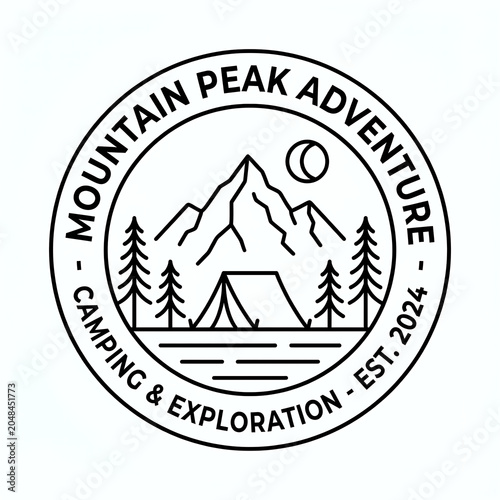 Mountain Peak Adventure camping and exploration logo featuring stylized mountains, tents, and pine trees.