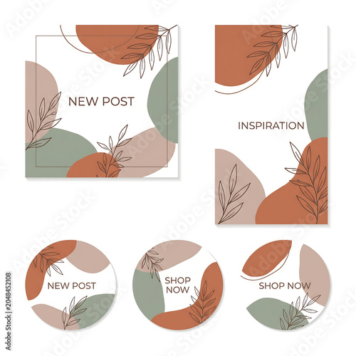 Flat design mockup displays social media posts with leafy illustrations and text overlays.