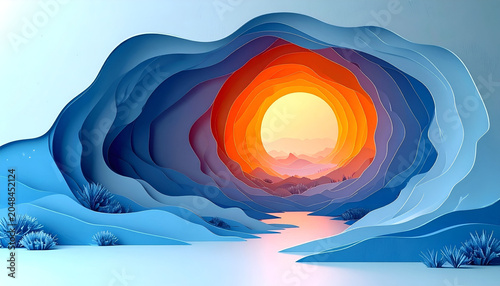 3D paper cut style canyon landscape with sunset and abstract blue layers background