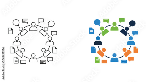 Foto Team communication and documentation sharing network vector illustration set for