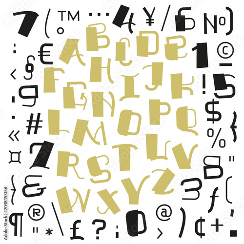 Comprehensive font specimen poster presenting uppercase letters, numbers, punctuation marks, currency symbols and special characters in a playful handcrafted display typeface. An expressive typography