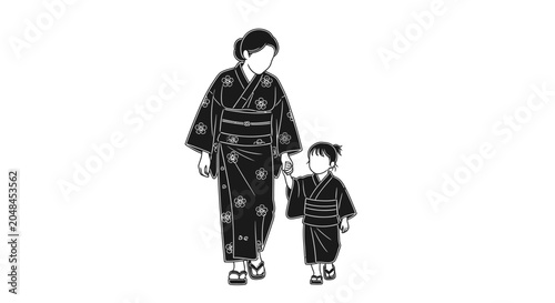 Φωτογραφία A mother and her young daughter walking together wearing traditional Japanese yukata kimonos