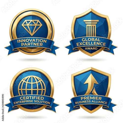 Four corporate achievement badges featuring innovation, excellence, enterprise solutions, and business alliances.