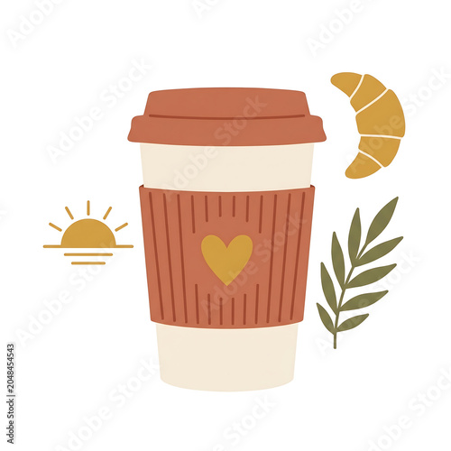 Minimalist coffee cup with heart and croissant surrounded by sunrise, leaf, and steam for cozy morning coffee branding.