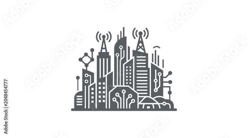 Abstract data city skyline icon with circuit lines.