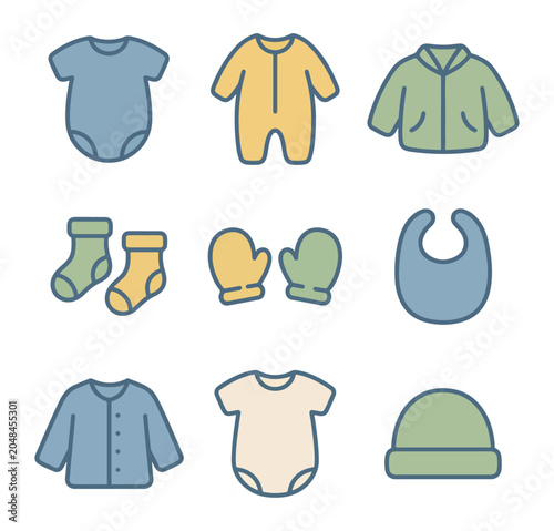 Baby clothing assortment illustration bodysuits socks and accessories