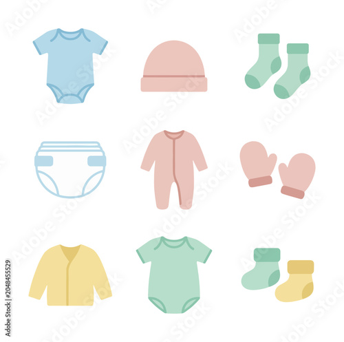 Baby clothing assortment newborn essentials isolated vector illustration