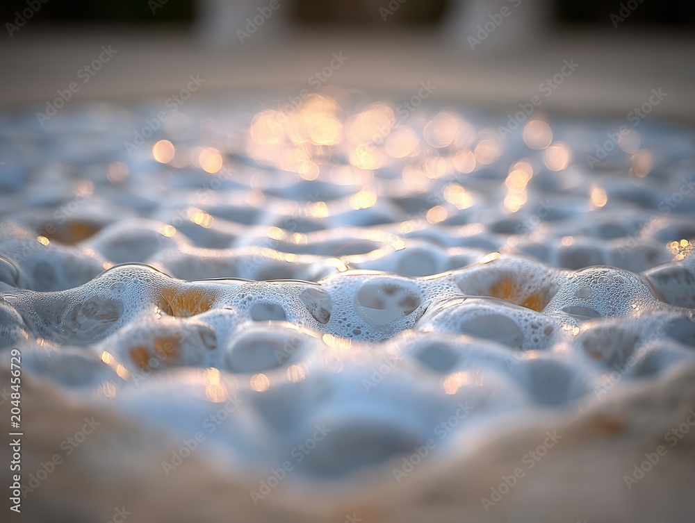 Obraz premium Close view of sea foam pattern in natural setting capturing bubbles and light during early morning