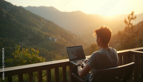 Person Working on Laptop with Stunning Mountain Sunset View Outdoor