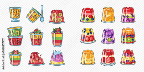 Photos Colorful Set of Fruit Jelly Desserts and Puddings in Various Forms and Flavors