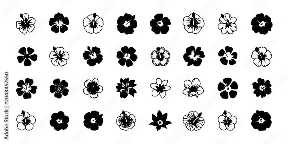 Fototapeta premium Flower Icons Set in Black and White, Simple Flat Vector Style with Variety of Petals and Blossoms for Decoration