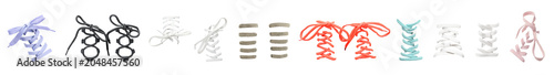 Fotografie Collage of different color shoe laces on white background
