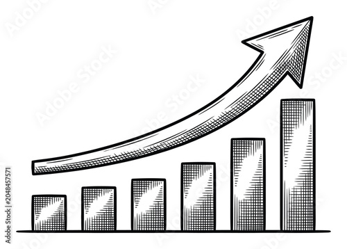 Hand-drawn of a rising bar chart with an upward trending arrow representing business growth and financial success