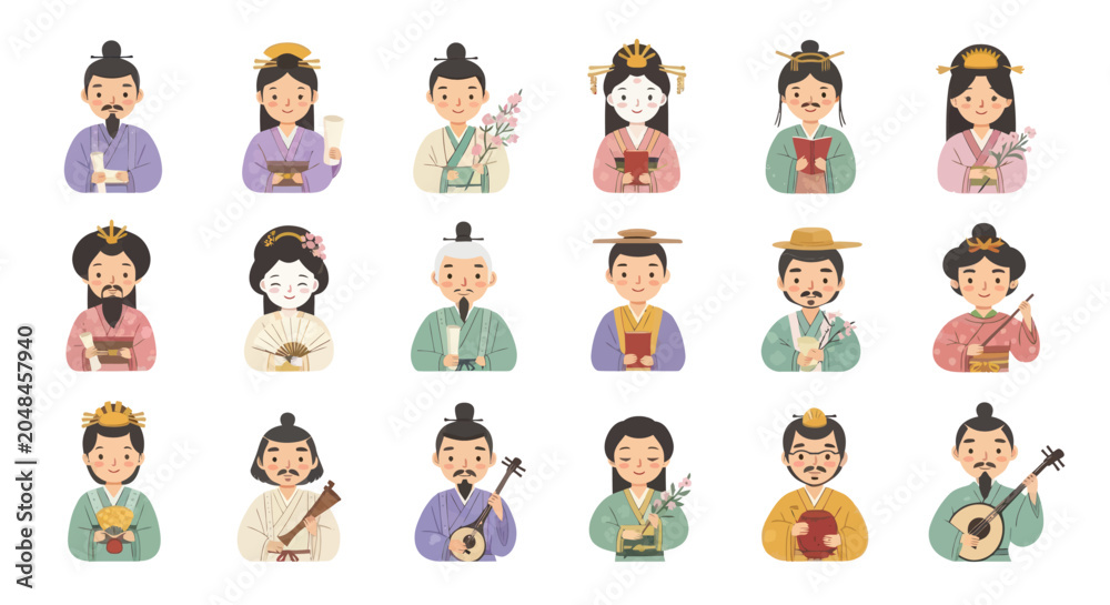 Fototapeta premium Chinese Traditional Characters Historical Figures Flat Design Vector Art Icons