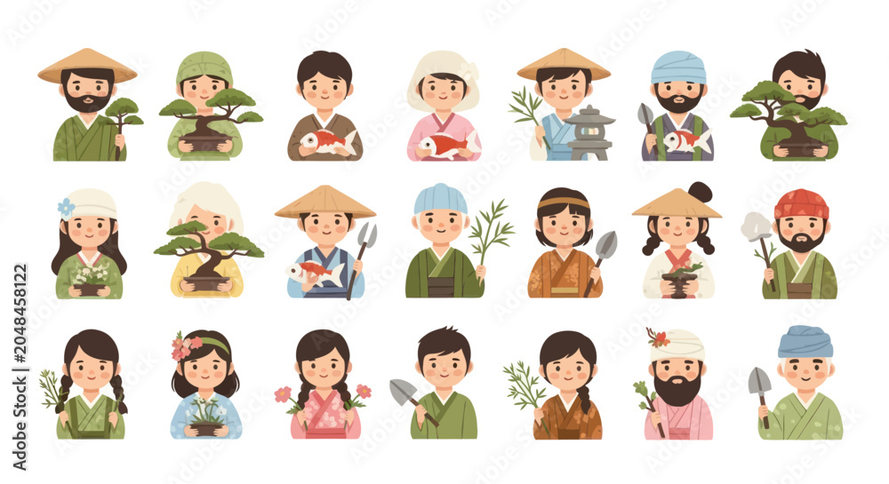 Fototapeta premium Diverse Asian Gardeners, Farmers, and Artisans Flat Illustration Set: Traditional People with Plants Tools