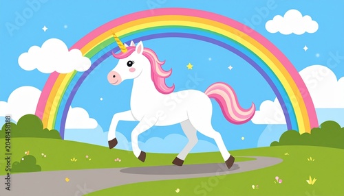 Enchanting Unicorn Trotting Under a Vibrant Rainbow Illustration.