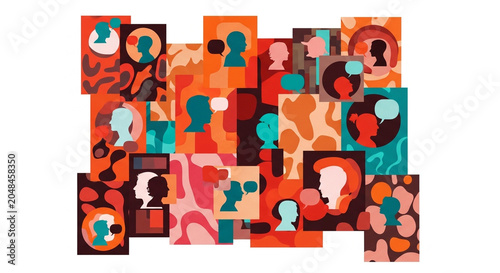 Abstract Collage of Human Profile Silhouettes and Speech Bubbles Representing Global Social Media Communication