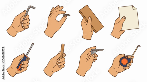 Hands holding construction tools and furniture assembly hardware including an allen wrench. Screwdriver. Screws. Wood. Corner brace. Dowel. Blank paper. And measuring tape