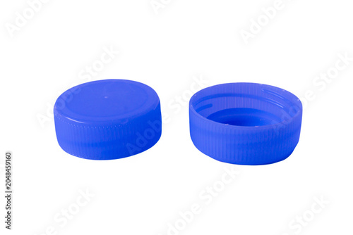Two Blue water bottle cap isolated on white background, top view with clipping path. Two Blue plastic stopper top cover on white background.