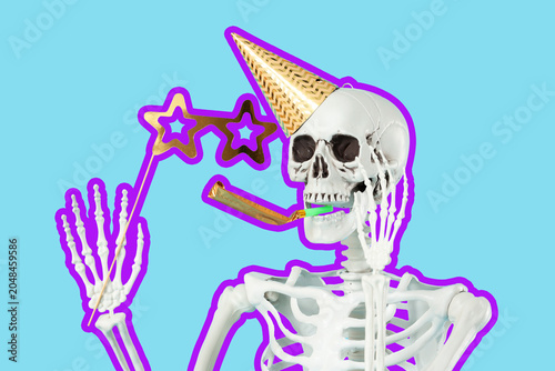 Human skeleton in party hat...